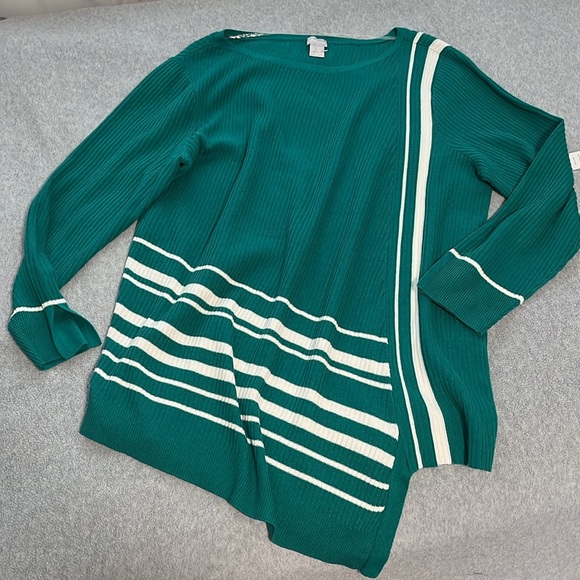 Chicos Tunic Asymetrical Sweater XL Stripe Green Ribbed Knit Mature Artsy - Picture 10 of 10